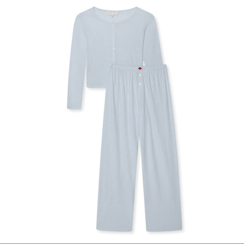 Pointelle Cardigan and Trouser Set- Baby Blue/Red