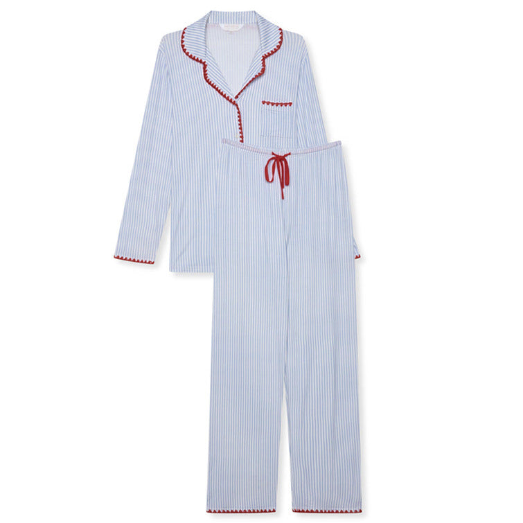 Stretch Contrast Stitch Pyjama Trouser Set - Blue Stripe/Red-1
