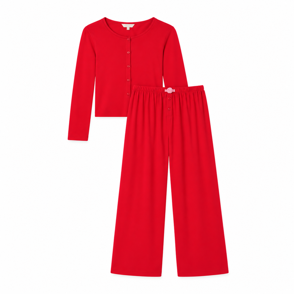 Cotton Pointelle Pyjama Trouser Set - Ruby Red-1
